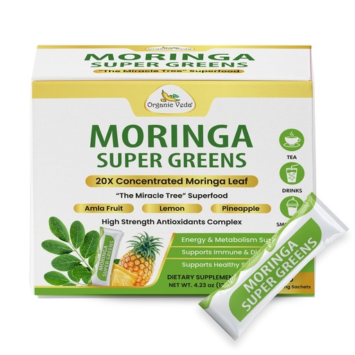 [BRSWGGQ6BZYRQ3Y4] Organic Veda Moringa Super Greens, 30 Sticks Drink Mix Powder - 20 X Concentrated Moringa Leaf Powder Extract with Amla, Pineapple, Antioxidant Superfoods for Energy & Metabolism - Tea & Smoothie Mix