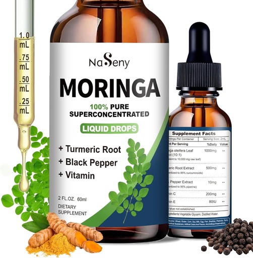 [BRSREA34AUGR43Q4] Organic Moringa Oleifera Liquid Drops, 1000mg Moringa Leaf Extract w. Turmeric, Black Pepper, Moringa Supplement for Energy, Antioxidant, Joint & Gut, Fast Absorption, Vegan, Non-GMO, 2 Fl Oz