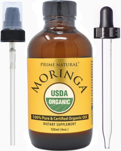 [BRSWGA34BUHBU3T7] PRIME NATURAL Organic Moringa Oil USDA Certified, 100% Pure, Cold Pressed, Virgin, Unrefined Oil (4oz /120ml) - Moringa Dietary Supplement - Energy, Joints, Skin, Face, Body, Hair, Vegan, Food Grade
