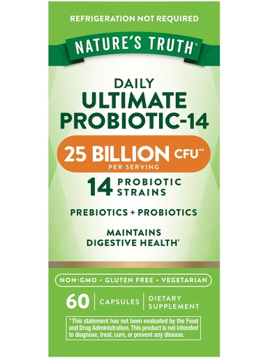 [BRSWICQBBAFQAALO] Nature's Truth Probiotics for Men and Women | 25 Billion CFU | 60 Capsules | 14 Strains | Non-GMO & Gluten Free Digestive Health Supplement