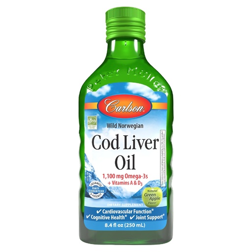[BRSW2GI2AF6GCDYY] Carlson - Cod Liver Oil, 1100 mg Omega-3s, Plus Vitamins A and D3, Wild Caught Norwegian Arctic Cod Liver Oil, Sustainably Sourced Nordic Fish Oil Liquid, Green Apple, 250 mL (8.4 Fl Oz)