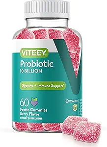 [BRSRMCATCEMQG2Y7] Viteey Probiotic Gummies for Women, Men, & Teens - Maximum Strength 10 Billion Cells - Probiotics for Digestive Health, Immune Support - Vegetarian, Gelatin Free, GMO Free - Chewable Berry Flavored