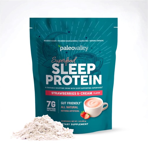 [BRSRGBACAQGR4HI2] Paleovalley Sleep Drink Superfood Protein Powder, Strawberries and Cream, Melatonin and Magnesium from Whole-Food, 7g Grass-Fed Bone Broth Protein, for Nighttime Rest, 30 Servings