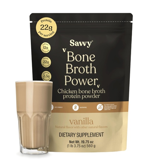 [BRSREGIFPN6GMHI6] SAVVY Bone Broth Power Vanilla Protein Powder – 22g Protein, 12g Collagen, Glutamine, MCTs – Bone Broth for Muscle, Joint, Digestive & Skin Health – Dairy-Free, Keto – 560g (16 Servings)