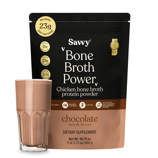 [BRSREGIFOB6RG33H] SAVVY Bone Broth Power Chocolate Protein Powder, 23g Protein, 12g Collagen & Glutamine, Muscle, Joint, Digestive & Skin Health, Keto, Dairy Free, Award-Winning Bone Broth, 560g (16 Servings)
