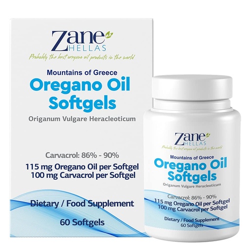 [BRSWGZYNDENQEA3D] Zane Hellas Oregano Oil Softgels. Extra Strength. Every Softgel Contains 20% Greek Essential Oil of Oregano. 100 mg Carvacrol per Softgel. 60 Softgels.