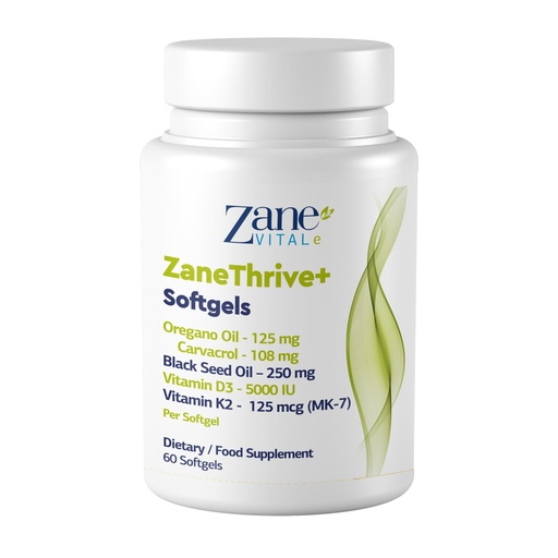 [BRSREAI2OYMW233P] ZaneThrive+ Vitamin D3 & K2, Oregano Oil, Black Seed Oil Supplement - High Potency - Immune & Bone Wellness - with Carvacrol & Thymoquinone - Non-GMO, Gluten-Free - 60 Softgels by Zane Vital.