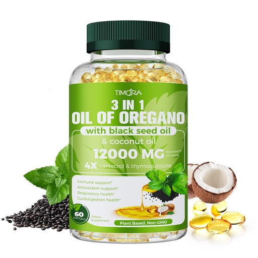 [BRSRGAY7OF4BUHLX] TIMORA 40:1 Oil of Oregano Softgels with Black Seed & Coconut Oil, 60 Count | 3-in-1 Formula for Digestive & Immune Support | Small, Easy-to-Swallow Capsules | Plant-Based, Non-GMO