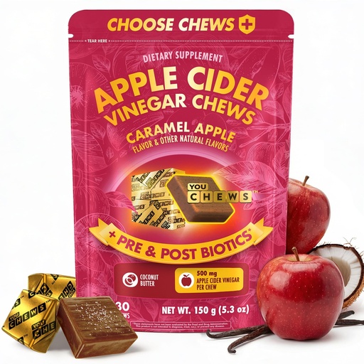 [BRSROFI2A4FBE33X] YouChews Apple Cider Vinegar Chews – 500 Mg Organic Apple Cider Vinegar Gummies with Prebiotics & Postbiotics | Gut Balance Support | Low Sugar Apple Cider Gummies | Caramel Flavor | 30 Chews Pack
