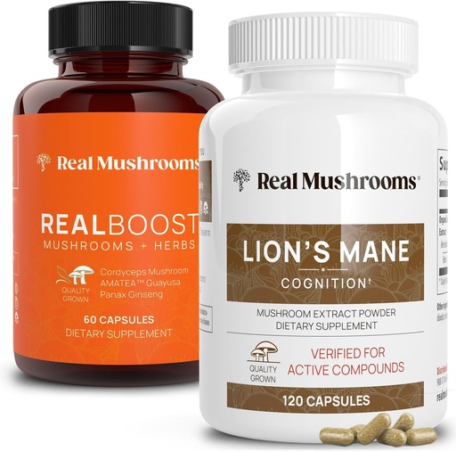 [BRSW2AIFOZYRA3DB] Real Mushrooms RealBoost (60ct) 및 Lions Mane (120ct) 캡슐 묶음 - 에너지, 활력 및 활력을위한 버섯 보충 - 에너지 및 두뇌 비타민 w/Cordyceps, 인삼, Guayusa - Vegan, Non-GMO