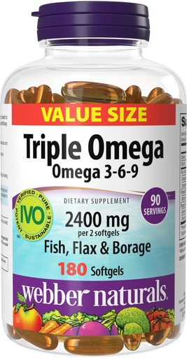 [BRSW2AA3CQBBOHQ2] Webber Naturals Triple Omega 3 6 9, 2400 mg Fish Oil Per Serving, High Potency, 180 Softgels, No Fishy Aftertaste, Ultra-Purified, for Heart, Brain & Cardiovascular Health, Omega 3 Fish Oil