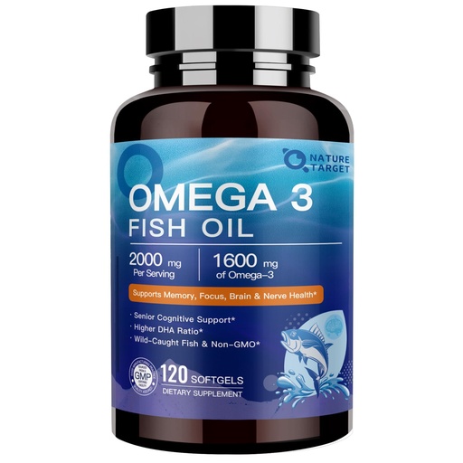 [BRSRE2YCDF5Q2EL7] NATURE TARGET Omega 3 Fish Oil 2000mg, High-Purity Omega 3 EPA DHA with PS & CoQ10, Fish Oil Supplements for Heart Health, Brain Function & Memory, Advanced Absorption, Non-GMO, 120 Softgels