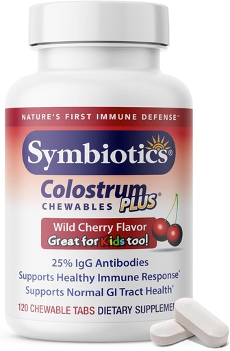 [BRSWIYQ4BZ4AAYDC] Symbiotics Colostrum 120ct Chewables Plus - Immunity Support for Adult & Kids - Lactoferrin Supplement & Colostrum Protein - Supports Digestion & Gut - 25% lgG Antibodies, Gluten Free - Wild Cherry