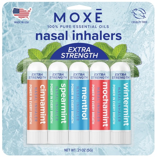 [BRSREAAZBYHAYHTU] MOXĒ Extra Strength Nasal Inhaler Variety Pack | 5 Powerful Aromatherapy Blends for Sinus Relief, Clarity & Refreshing Energy | Spearmint, Cinnamint, Menthol, Peppermint Mocha & Wintermint