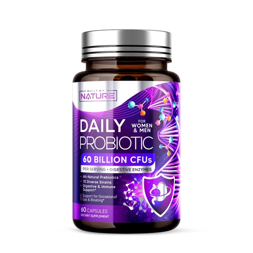 [BRSRAYL2DEMAO23X] Built by Nature Probiotic for Women & Men – 60 Billion CFU, 10 Strains + Prebiotics & Digestive Enzymes – Supports Digestive, Immune, Reduce Gas & Bloating – Shelf Stable, Non-GMO - 60 Capsules