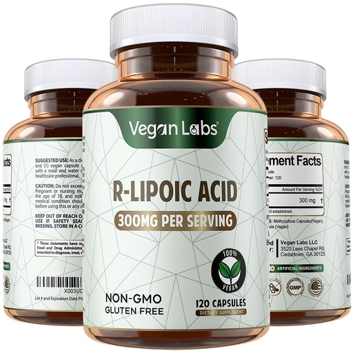 [BRSROZAROYAWOELB] Vegan Labs R-Lipoic Acid 300MG, 120 Vegan Capsules- Supports Cellular Energy and Antioxidant Protection- Gluten Free, Non-GMO, Stabilized R-ALA Supplement- 4 Month Supply
