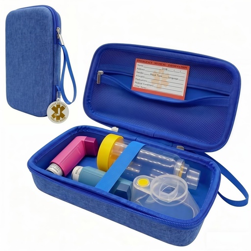 [BRSREYANDIIWM2TL] YouKnow Travel Carrying Case for Asthma Inhaler, Inhaler Spacer for Adults and Children, Mask, Inhaler Holder with Asthma Warning Label and Medical Card, with Carabiner (Case Only) (Blue)