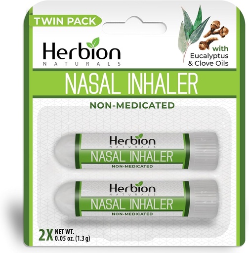 [BRSROAYCBV6AIALD] HERBION Naturals Nasal Inhaler, Natural Relief for Nasal Congestion & Sinus Pressure, Non-Medicated Sticks with Essential Oils, Menthol, Eucalyptus, Clove, Soothing Vapor, Easy Breathing, Pack of 2