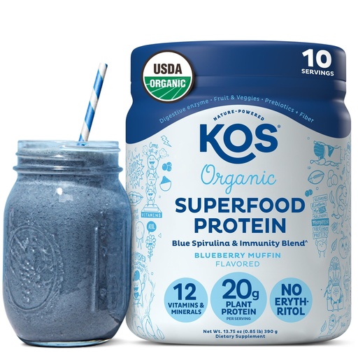 [BRSWYAABCIGR4CY4] KOS Plant Based Protein Powder, Blueberry Muffin - Organic Pea Protein Superfood with Spirulina and Immune Support Blend. Soy, Gluten, Dairy Free - Vegan Meal Replacement for Women & Men - 10 Servings