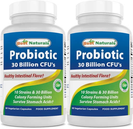[BRSW2AYRCUNAOYLP] Best Naturals Probiotic 10 Strains & 30 Billion CFU Intestinal Flora, 60 Veggie Capsules (60 Count (Pack of 2))