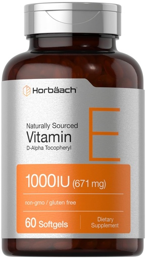 [BRSRAZQROJYGCF36] Horbäach Vitamin E 1000 iu Softgels | 671mg | 60 Count | Non-GMO and Gluten Free Naturally-Sourced Formula | D-Alpha Tocopherol