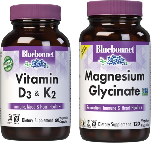 [BRSRABL3OQIAIC3B] BlueBonnet Nutrition D3- ja K2-vitamiini ja magnesium Glycinate Vihanneskapselit Bundle