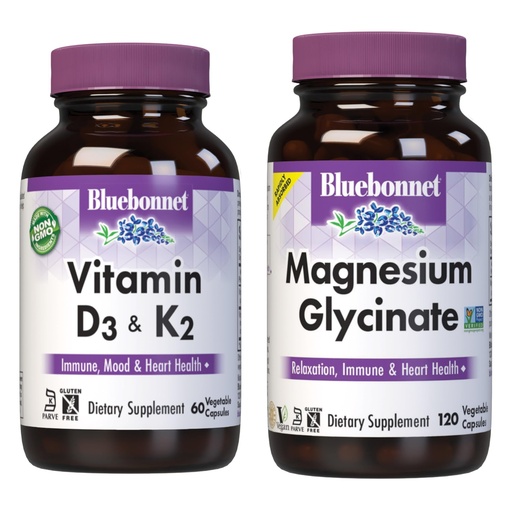 [BRSRABL3OQIAIC3B] BlueBonnet Nutrition Vitamin D3 and K2, and Magnesium Glycinate Vegetable Capsules Bundle