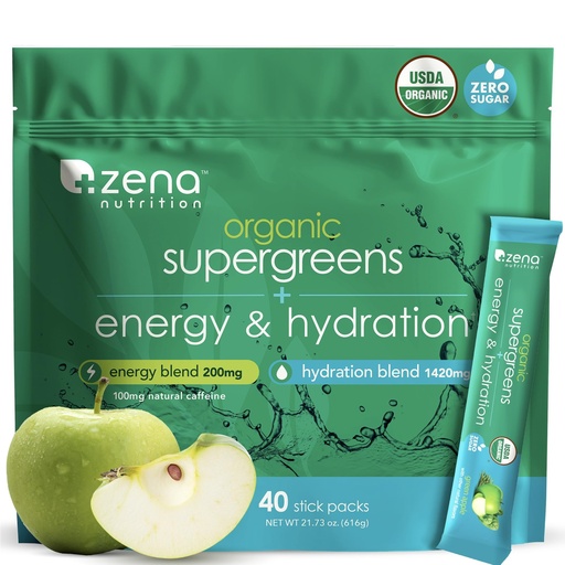 [BRSREAALOB6WECIY] Zena Nutrition Organic Super Greens Energy & Hydration Powder, 70+ Superfoods, 0 Sugar, 5G Fiber, Spirulina, Chlorella, Prebiotics/Probiotics, Natural Caffeine + Electrolytes, 40 Drink Mix Packets