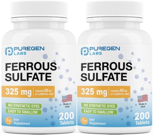 [BRSROAQCCABGOCLV] Puregen Labs Ferrous Sulfate 325 mg (65 mg Elemental Iron) High Potency Iron Supplement | No Artificial Color Additives - Total 400 Tablets Made in USA