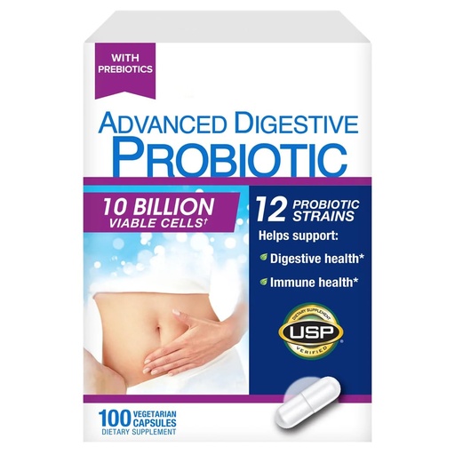 [BRSREED7O4MB6YLZ] Advanced Digestive Probiotic, 12 Strains, 10 Billion Viable Cells, Gluten, Soy and Dairy Free - 100 Capsules