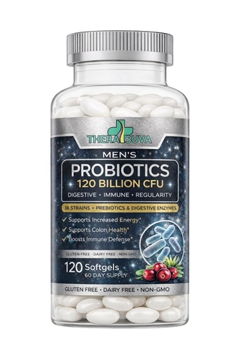 [BRSRGAD3A4MAG33Z] Men’s Advanced Probiotics 120 Billion CFU - 36 Strains + Prebiotics, Enzymes & Veggie Blend for Gut, Immune & Colon Health - 2 Month Supply, 120 Softgels