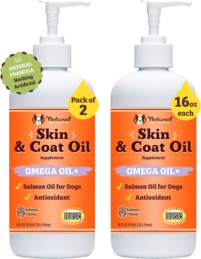 [BRSRAFANDMAWOC3U] Natural Dog Company 2 Pack - 16 oz. Olio di pelle e cappotto, Supporta la salute della pelle, Integratori di olio di pesce per cani, acidi grassi, antiossidante, per le famiglie di cani multi, grandi cani di razza, 32 oz. Valore