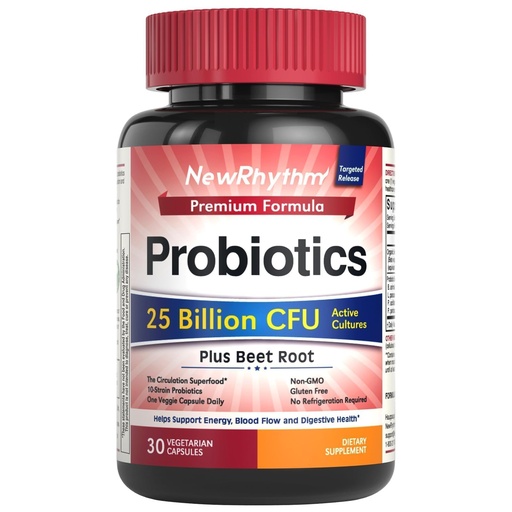 [BRSREA34PMCGAEL2] NewRhythm Probiotics for Women & Men 25 Billion CFU, with Organic Beet Root Extract, Nitric Oxide, Circulation, Energy & Heart Health, All Natural, Vegan, Non-GMO, 30 Caps