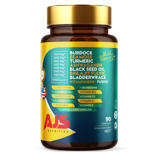 [BRSROHAFDJ6Q2CLK] AJS Sea Moss Capsules 3200mg, Himalayan Shilajit 1000mg with Black Seed Oil, Ashwagandha, Turmeric, Bladderwrack, Burdock, Vitamins, Berberine, Lion’s Mane Mushroom, Elderberry- 90 Caps