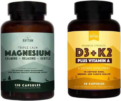 [BRSRMYIDCUHBOEIV] Natural Rhythm Triple Calm Magnesium 150 mg - 120 cápsulas – Magnesio Complejo Suplemento compuesto W/Natural Rhythm Vitamin D3 + K2 (MK7) Plus Vitamina A, para el hueso, el corazón, &amp; Immune Health, 30 cápsulas
