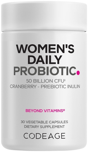 [BRSREGINCAOR4E3G] Codeage Women’s Daily Probiotic Supplement – 50 Billion CFU Supplement, Cranberry Fruit Powder, Prebiotic Chicory Root Inulin – Women’s Wellness Support – 1 Capsule Per Serving - Non-GMO – 30 Capsules