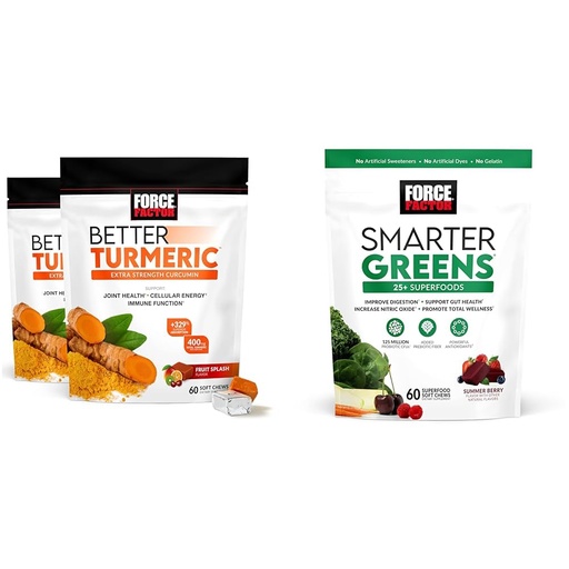 [BRSRAYYYBMBQE2TP] Force Factor Better Turmeric Joint Support with HydroCurc Turmeric Curcumin, 120 Soft Chews and Smarter Greens Superfood Chews with 25+ Superfoods, 60 Soft Chews