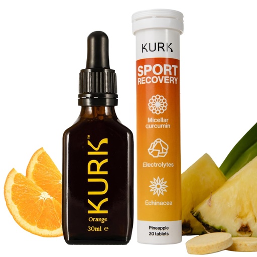 [BRSREHQPAAMRA3Y3] Kurk High Strength Liquid Curcumin Oil from Turmeric (Orange 1 Fl Oz) Sport Electrolyte Tablets (Pineapple 20 Effervescent Tabs) Bundle