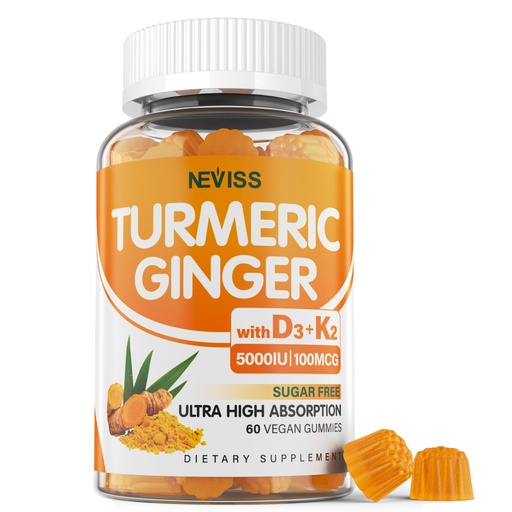 [BRSREYD7AAMGYD3J] Sugar Free Turmeric Ginger Gummies 1500mg with Vitamin D3 5000IU & K2 for Women & Men, Curcumin Ginger Gummies for Adults for Immune & Digestive Support - Vegan, Mango Flavor, 60 Count