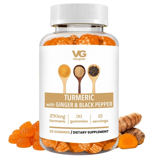 [BRSRO233A4IGM2Y4] VITA Globe Turmeric Supplement Gummies with Ginger & Black Pepper – 250mg Turmeric Extract, Vegan, Non-GMO Herbal Supplement, Daily Wellness Formula – 30 Count (Pack of 1)