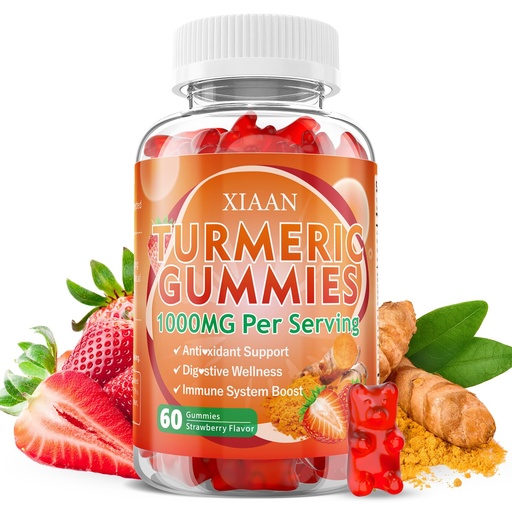[BRSRGY33DF5GGETF] Turmeric Gummies 1000mg, Organic Turmeric Curcumin Supplement with Black Pepper for Immune & Muscle Support, Sugar-Free/Vegan/Gluten-Free, Strawberry Flavor 60 Count