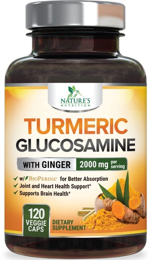 [BRSWGGLRCV4B4YDO] Turmeric Curcumin Supplement - 95% Curcuminoids with Glucosamine, Ginger & MSM, BioPerine Black Pepper Extract for Best Absorption, Natural Vegan Joint Support, Non-GMO, Bottled in USA - 120 Capsules