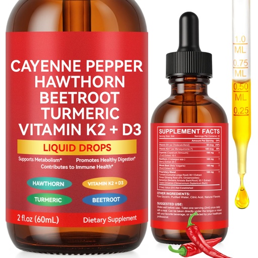 [BRSREZAHCJ6AEAL6] Cayenne Pepper Drops Supplement Liquid with Hawthorn Berry, Vitamin D3 K2 Beet Root Powder, Ceylon Cinnamon, Turmeric Curcumin, Organic Panax Ginseng, Berberine Extract Organic
