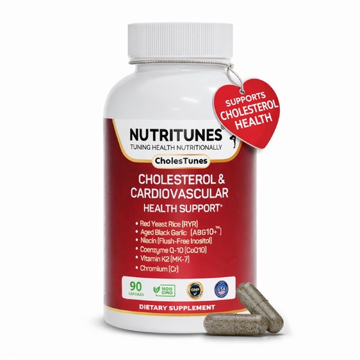 [BRSRACQYCIMQGADP] Cholesterol Support Supplement-Red Yeast Rice, Aged Black Garlic & CoQ10 – Advanced Cardiovascular & Heart Health Support with Niacin, Chromium & Vitamin K2 – 90 CholesTunes Capsules