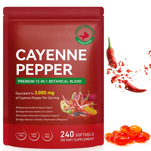 [BRSRGYY2CMFB6YDG] Daiasns Cayenne Pepper Softgels, 3000mg Capsaicin Supplements with Vitamin D3 K2 E, Grape Seed, Hawthorn, Beetroot, Supports Leg Vein, Heart & Circulatory Health, 240 Softgels