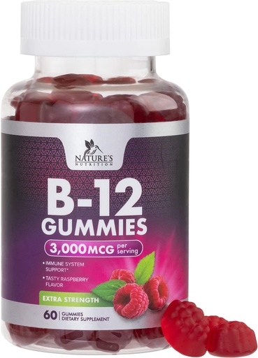 [BRSWYHTRA55AKHQ4] Vitamin B12 Energy Gummies - 3000 mcg per Serving Extra Strength B 12 Gummy for Metabolism, Immune Support - Chewable Dietary B-12 Supplements, Natural Caffeine Free Gummy, Berry Flavor - 60 Gummies