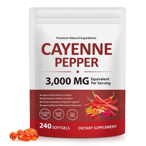 [BRSRG2QEA4NGE3LZ] Cayenne Pepper Softgels with Beetroot Extract, Turmeric Curcumin & Hawthorn – Enhanced with Vitamins D3, K2 & E – Supports Heart Health, Circulation & Leg Vein Wellness – 240 Easy-to-Take Capsules