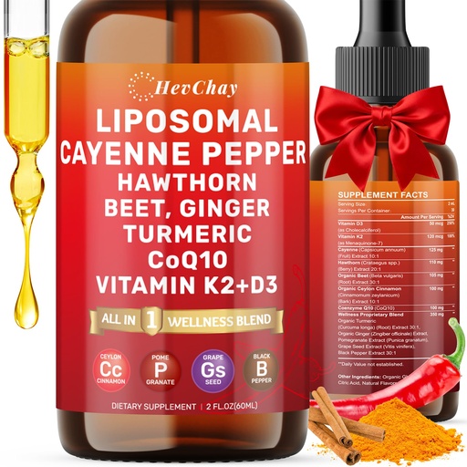 [BRSRE232A57BMDYY] Cayenne Pepper Drops Liposomal Supplement Liquid + Hawthorn Berry, Vitamin D3 K2 Beet Root Powder, Ceylon Cinnamon, CoQ10, Turmeric Curcumin, Cayenne Pepper Extract - 2oz