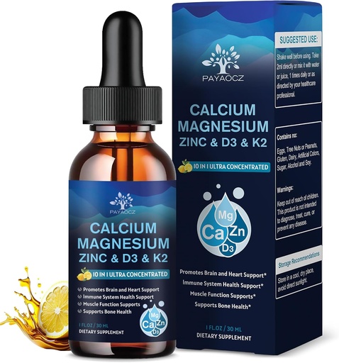 [BRSRAEITAQBAEDIU] (4 Pack) 10 in 1 Calcium Magnesium Zinc Supplement, Magnesium Glycinate Complex Liquid Drops with Vitamin D3 K2 B6, Vegan Calcium Citrate Bone & Immune Health Support, Sleep & Cramps, Boron, 1 Fl Oz