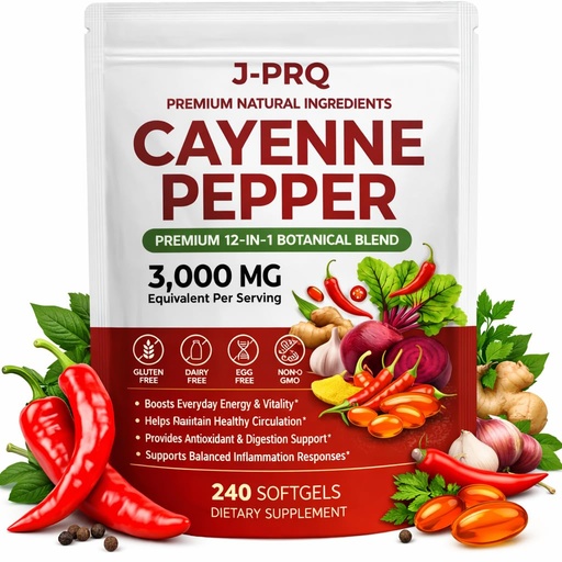 [BRSRGBARCEIGECDZ] Cayenne Pepper Capsules with Turmeric & Beet – Herbal Blend Supplement for Wellness Support – with Vitamins D3, K2, Hawthorn Extract – Easy-Swallow Softgels, 240 Count